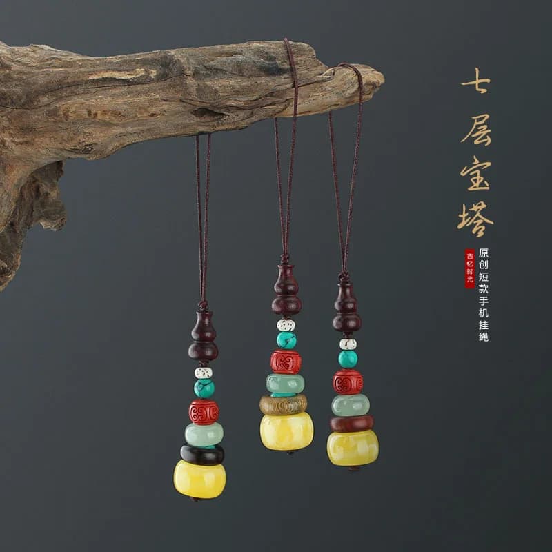Accessori fai da te: Cordino per cellulare a sette strati in ebano a forma di pagoda, catena per cellulare a forma di zucca, pendente corto per chiavetta USB, da uomo