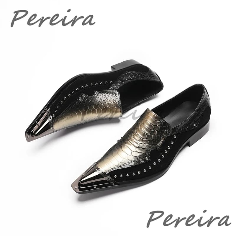 Golden Black Patchwork Cowhide Formal Shoes for Men Trendy Rivet Iron Pointed Toe Business Dress Shoes Party Wedding Shoes