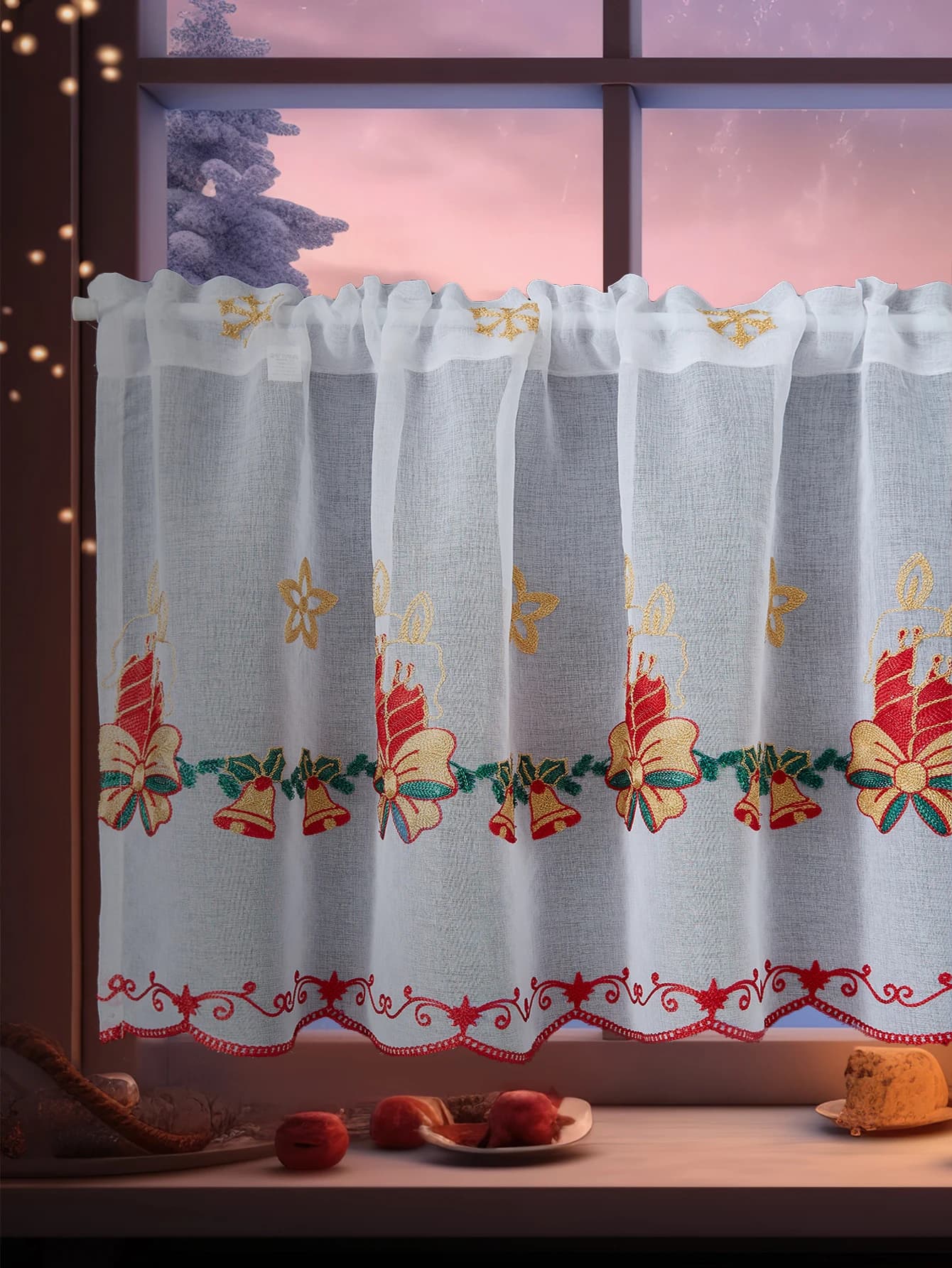 Campane di Natale ricamate tenda semitrasparente livelli da cucina mezza finestra tende trasparenti asta tasca tende in voile per cucina