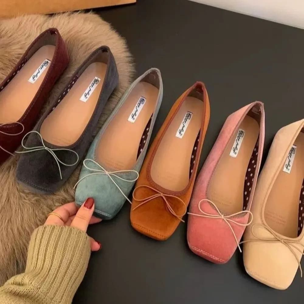 Scarpe basse con suola morbida Scarpe da donna con papillon Flock Ballerine Mocassini a piedi nudi Mocassines giornalieri da donna Slip on Dress Scarpe da ufficio