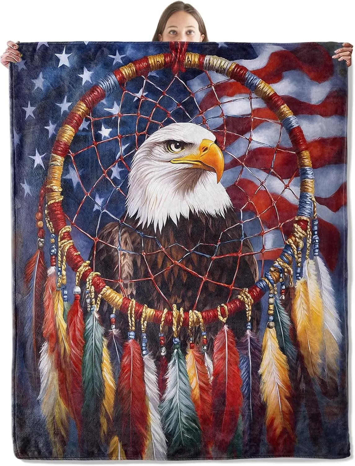 Patriotic Bald Eagle Dreamcatcher Colorful Feather Star Stripe Fluffy Blanket Soft Warm Cover For Couch Office Picnic USA Style