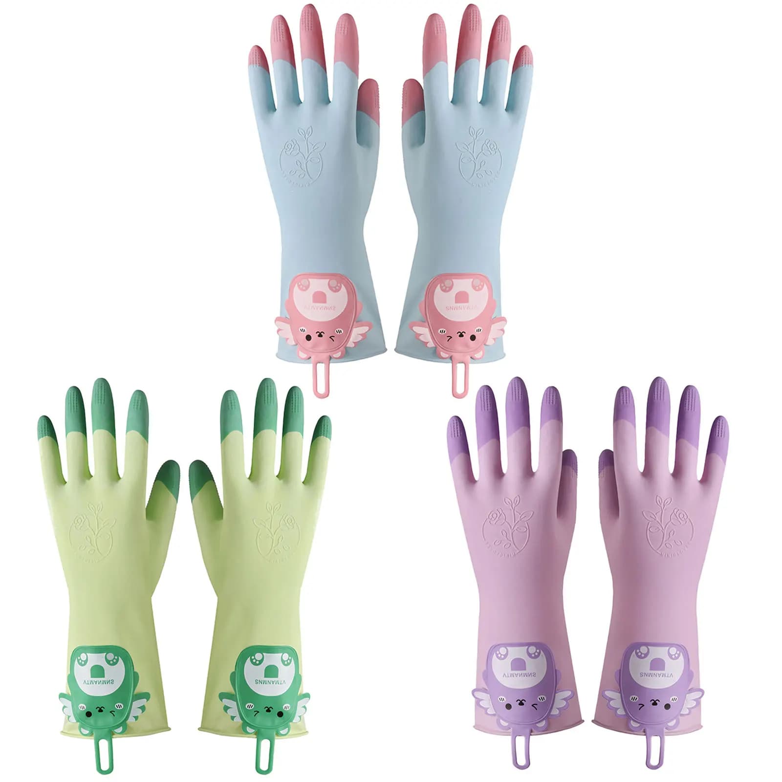 Reusable Latex Dishwashing Gloves, 3 Pairs Color-Block Cartoon Kitchen Gloves for Washing Dishes, 11in Long Cuff, Non-Slip