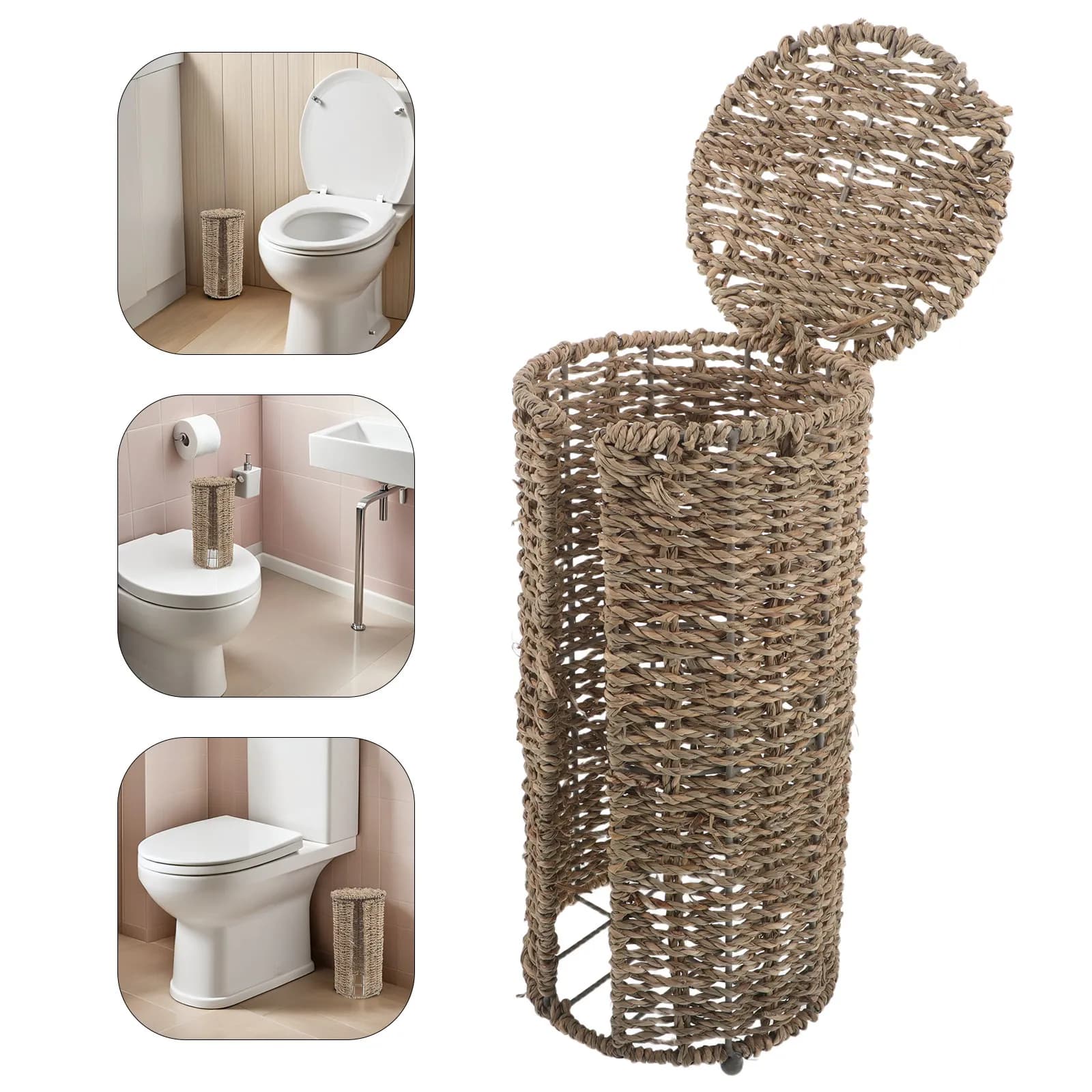 Rattan Toilet Paper Storage Basket Lidded Freestanding Bathroom Organizer Box Decorative Tissue Holder Bathroom Essentials
