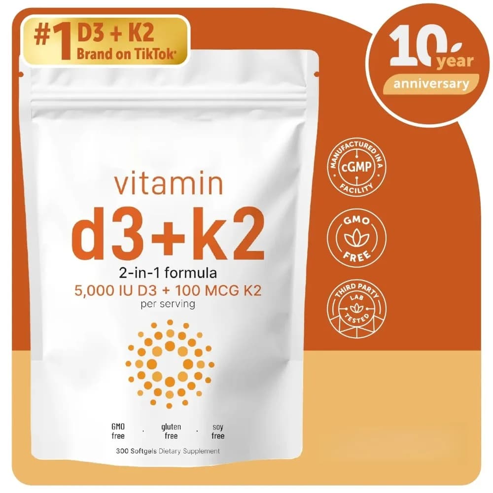 Vitamina D3 K2 5000UI + 100mcg MK-7 in capsule morbide, formula 2-in-1 con olio di semi di girasole, non OGM, senza glutine, integratore alimentare, 300 capsule morbide