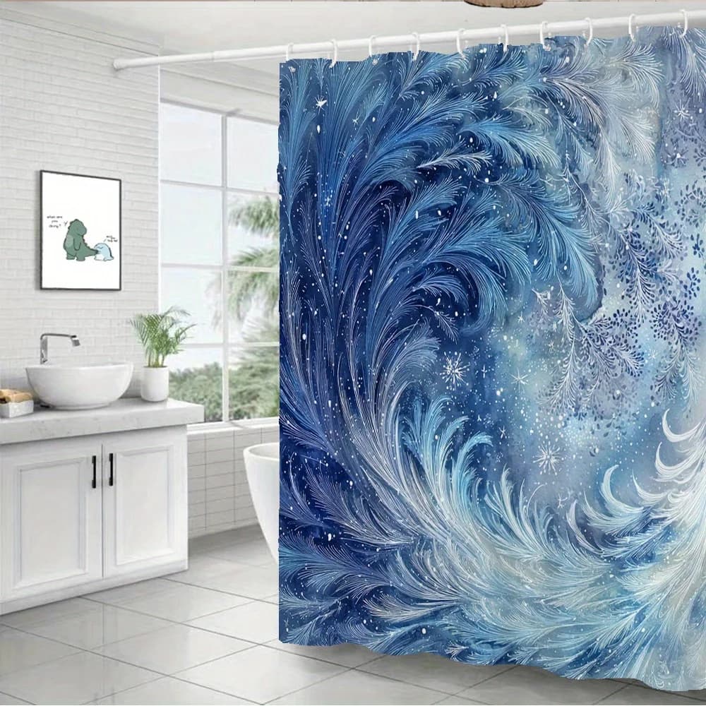Tenda da doccia impermeabile resistente al muffa con onde di piume blu - Design elegante per un'esperienza di arredamento del bagno sereno