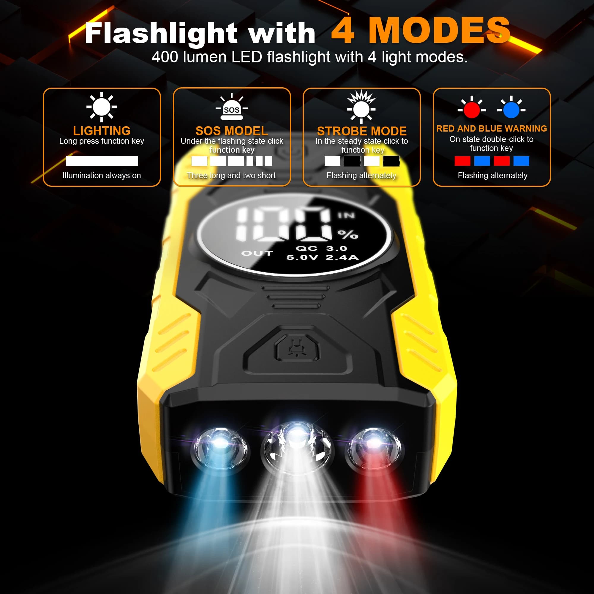 Avviatore di emergenza per auto 12V 4 in 1 Gonfiatore per pneumatici wireless Compressore d'aria Power Bank Ricarica rapida