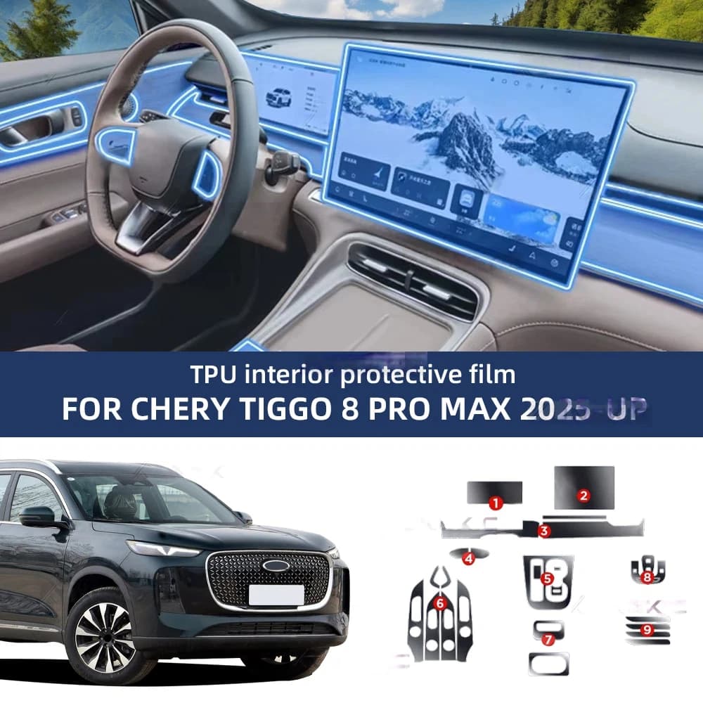 Pellicola Protettiva Trasparente per Interni Chery Tiggo 8 Pro Max 2025, Adesivo per Controllo Centrale, Cambio, Navigazione GPS, Anti-graffio in TPU
