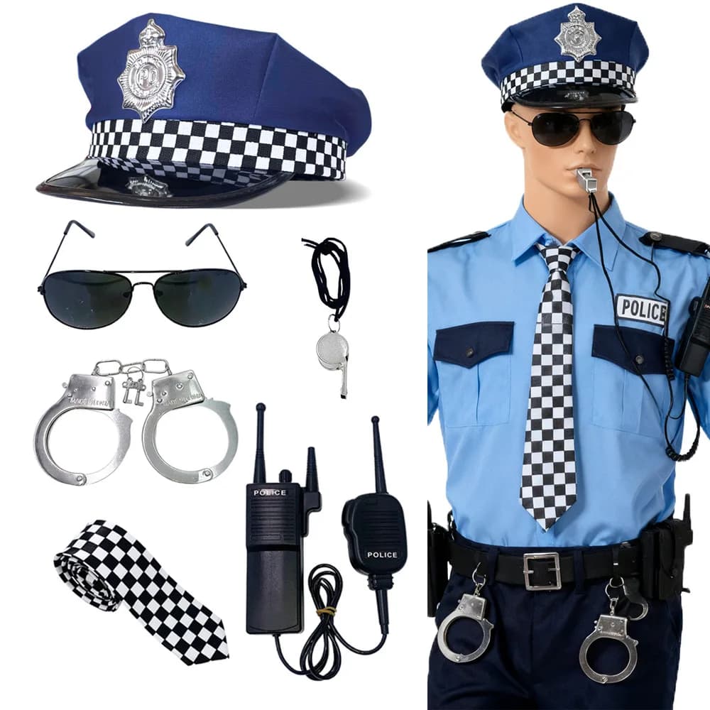 Set da 6 pezzi per giochi di ruolo da poliziotto per adulti, cappello da poliziotto, bastone in plastica, walkie-talkie, cravatta, guanti, set di fischietti, accessori per cosplay.