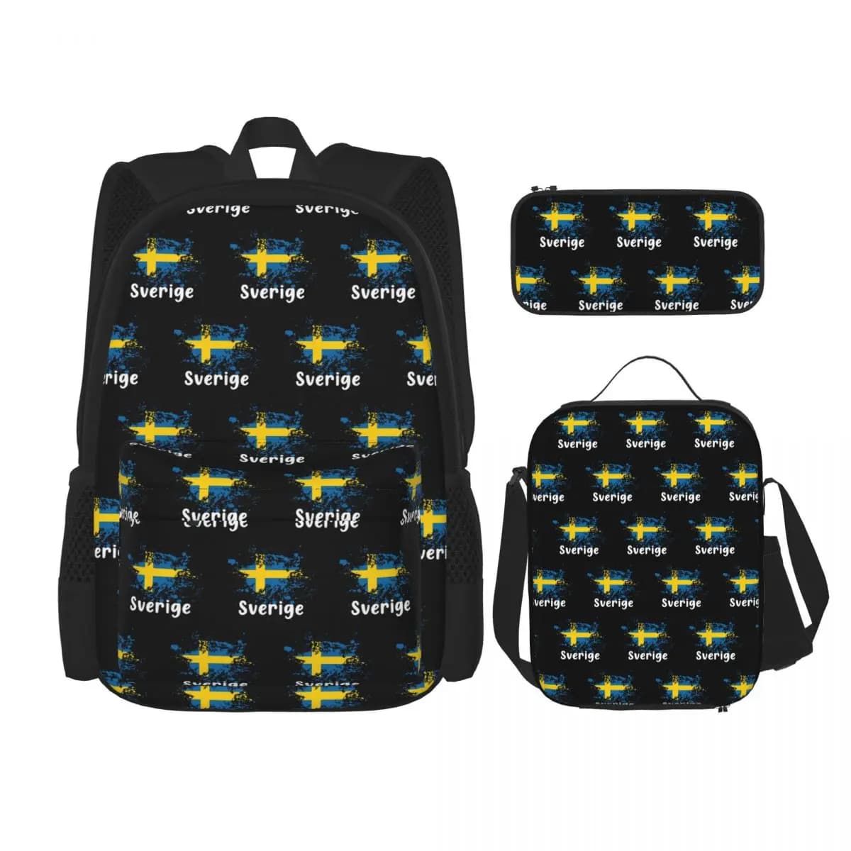 Zaini con bandiera svedese, neri, Sverige, per ragazzi e ragazze, borsa per libri, borse scolastiche, zaino, borsa per il pranzo, astuccio, set da tre pezzi