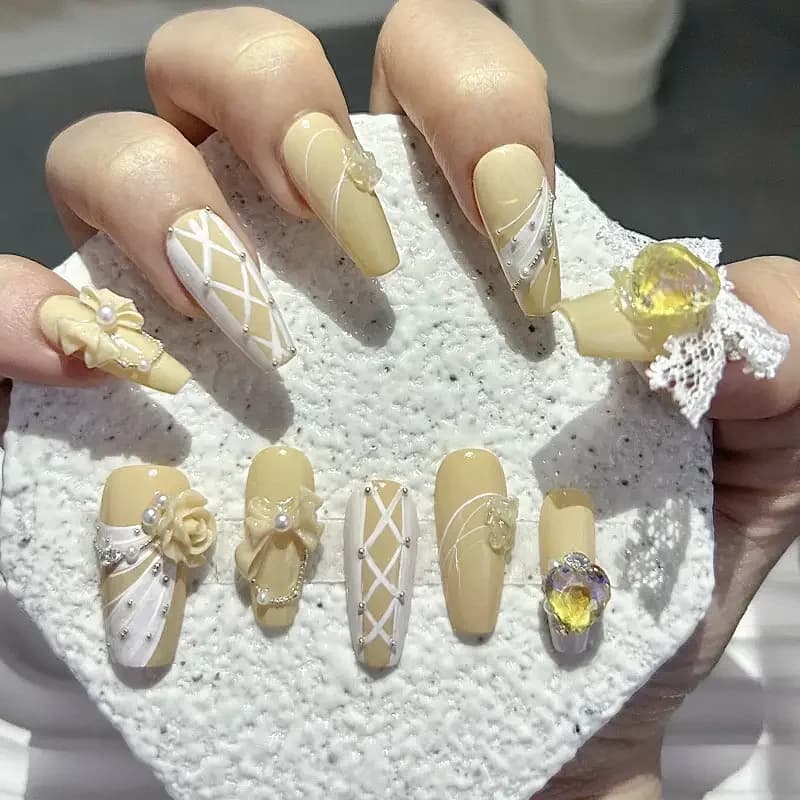 10pcs 3D Rose Bow Yellow Handmade Press On Nails Lace Bow Pearls Love Diamonds Fake Nails Elegant Cute Ballet Nail Art 66
