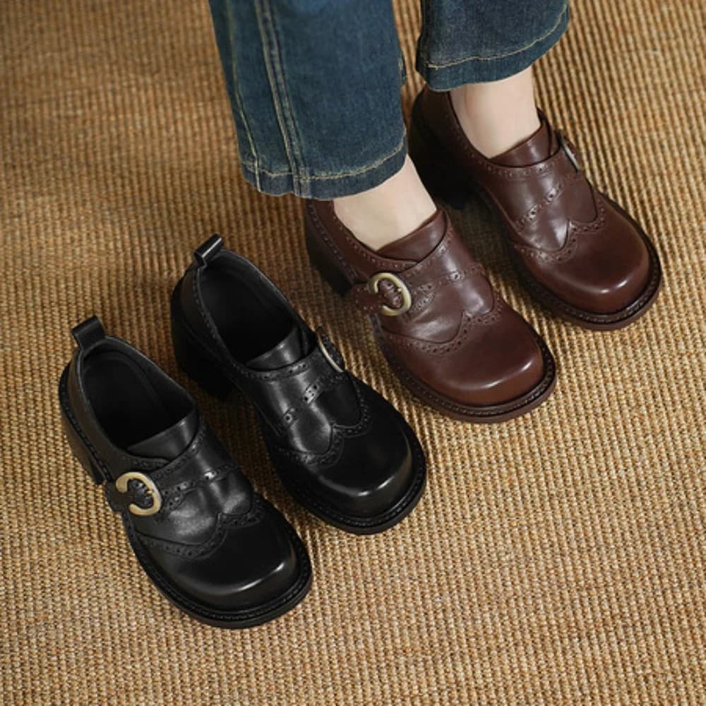 Nuove Scarpe Loafer da Donna Primavera 2026 in Vera Pelle con Punta Tonda e Cinturino con Fibbia, Tacco Grosso per Scuola, Feste e Uso Quotidiano