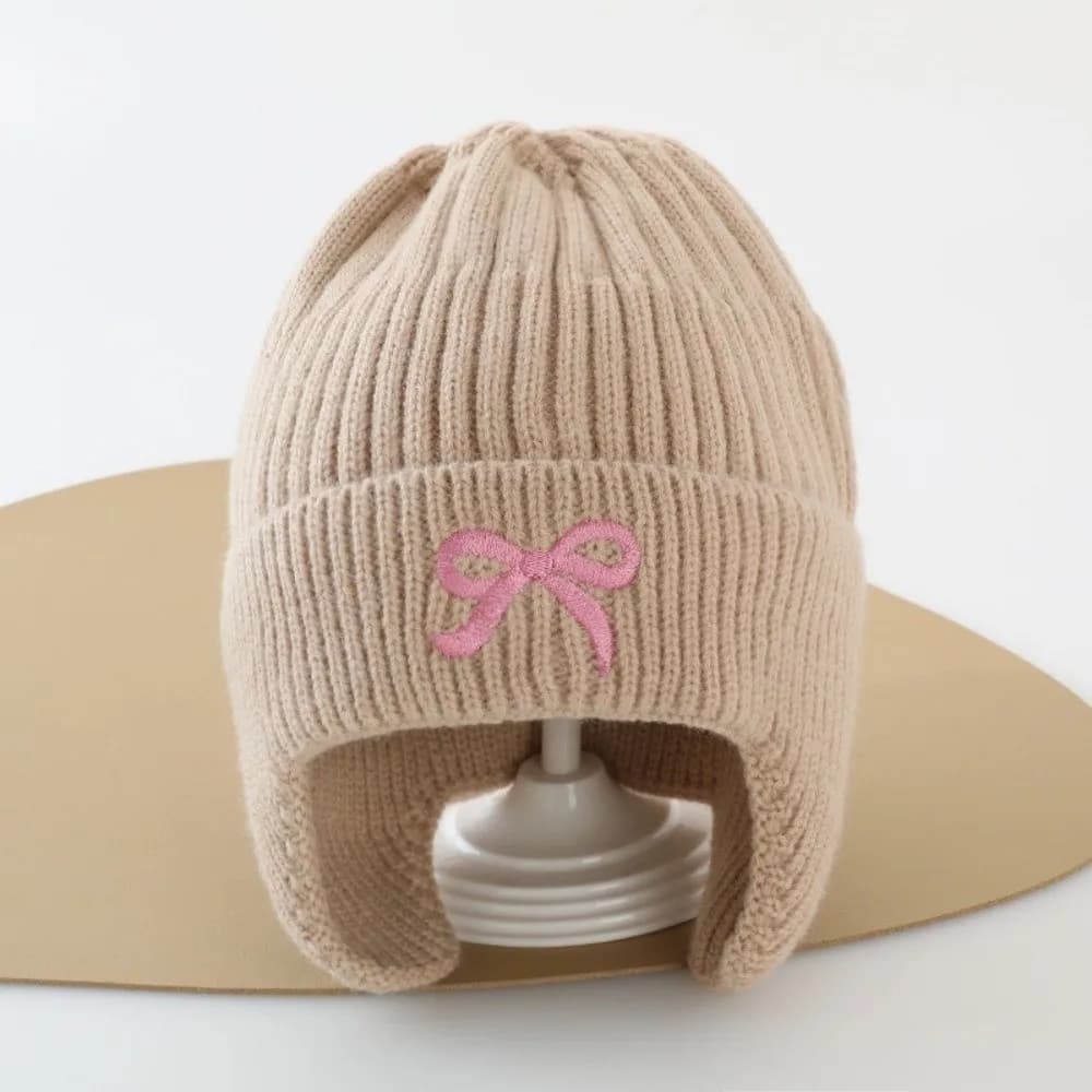 New Knitted Pullover Cap Windproof Warm Beanie Hat Coldproof Bow Embroidery Knitted Cap Autumn and Winter