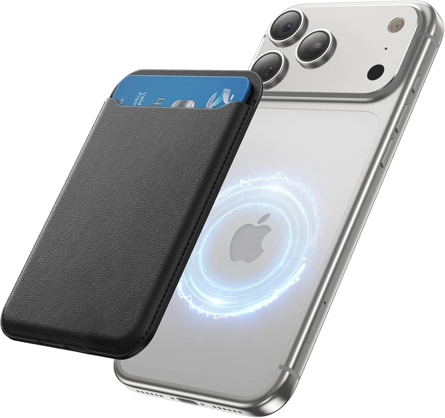 Magnetic Wallet for iPhone, 3 Card Holder with RFID Lock, Black Vegan Leather
