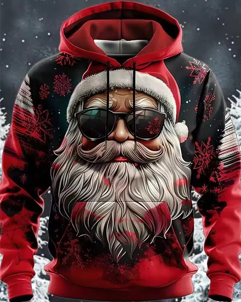 Christmas Men's Graphic Santa Claus Fashion Streetwear Hooded Outdoor Vacation Going out Black Red Pocket Print Fall Winter