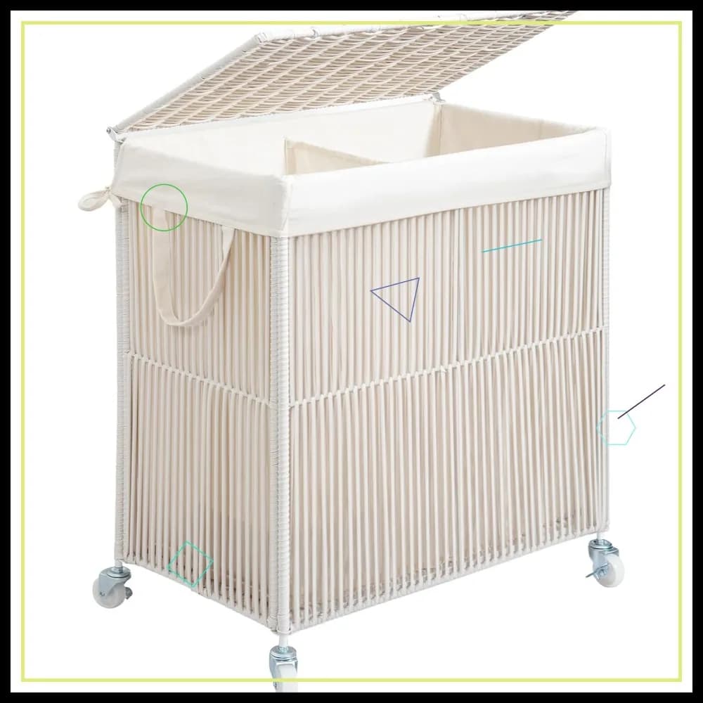 White basket with wheels and lid, large selector for 115 litre white basket, removable cover bag, cream white
