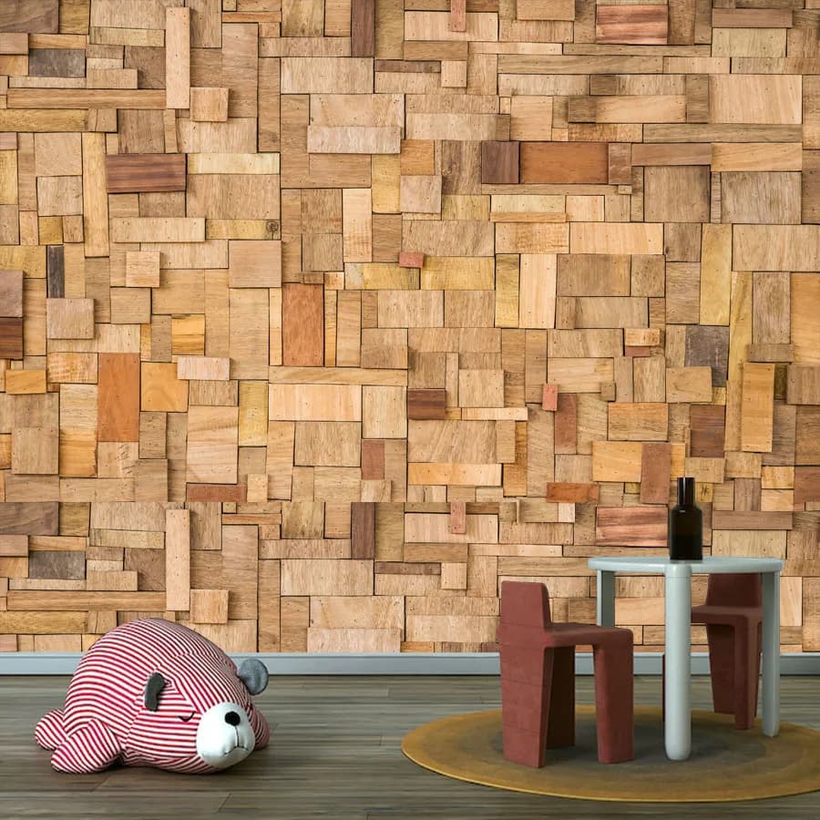 Decorazione Murale 18+ per Casa, Adesiva o Non, Carta da Parati per Soggiorno con Design a Blocchi di Legno e Mattoni, Pannello Murale di Sfondo