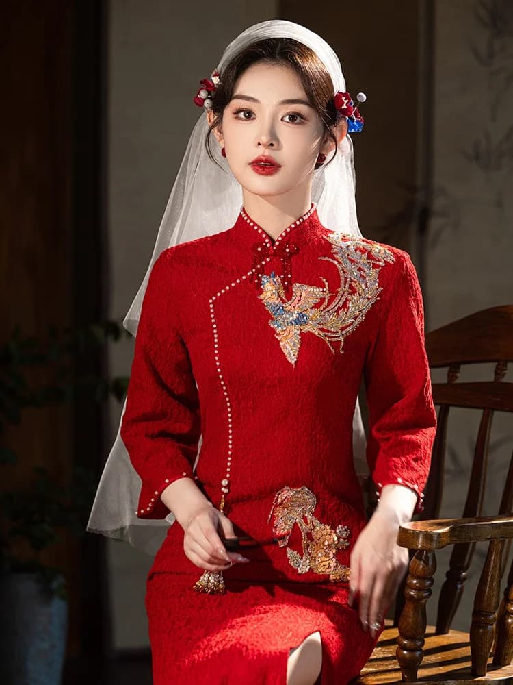 Red Lace Young Style Wedding Dress Low Slit Qipao Chinese Style New Bride Dress for Engagement And Wedding