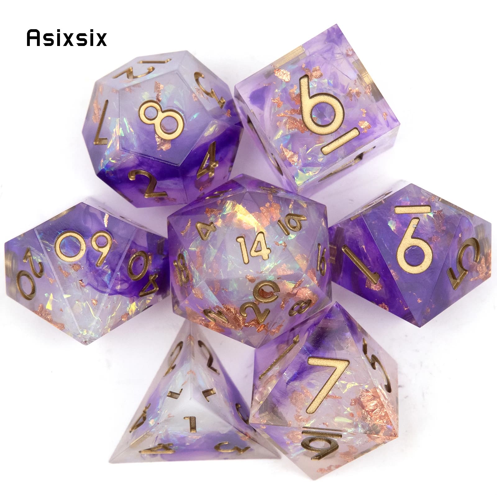 Set di 7 Dadi Poliedrici in Resina Bianca e Viola con Numeri Dorati e Bordi Affilati, Adatti per Giochi di Ruolo e da Tavolo