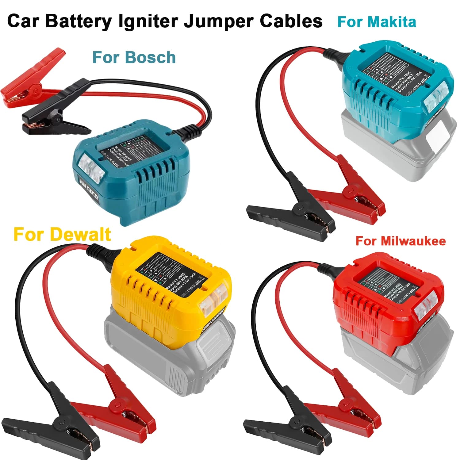 Adattatore per Avviamento d'Emergenza Auto Compatibile con Makita/Milwaukee/Dewalt/Bosch 18V/20V, Cavi di Avviamento Automobilistici Resistenti