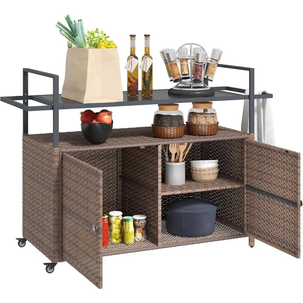 Outdoor Wicker Storage Cabinet, Bar Table with Wheels and 2-Tier Shelf, Patio Serving Cart with Glass Top, Towel Racks, Mixed Br