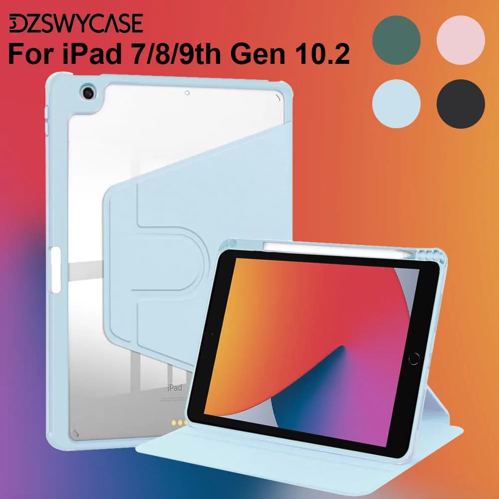 360 ° Custodia con supporto girevole per iPad 9a/8a/7a generazione da 10,2 pollici (2021/2020/2019), con portapenne, copertura per spegnimento/riattivazione automatica