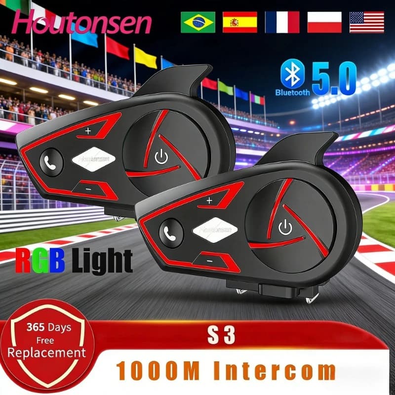 Houtonsen S3 Auricolare Bluetooth Impermeabile per Moto, Interfono per Casco con Intercom 1000M, Luce Ambientale RGB Tricolore