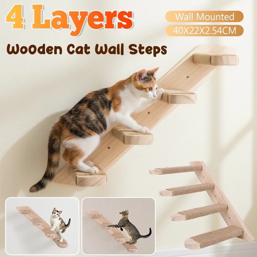 New Wooden Shelving for Wall Cats, Reversible Ladder with Sisal Corda, Salt and Rest Platform, Ideal for Playing