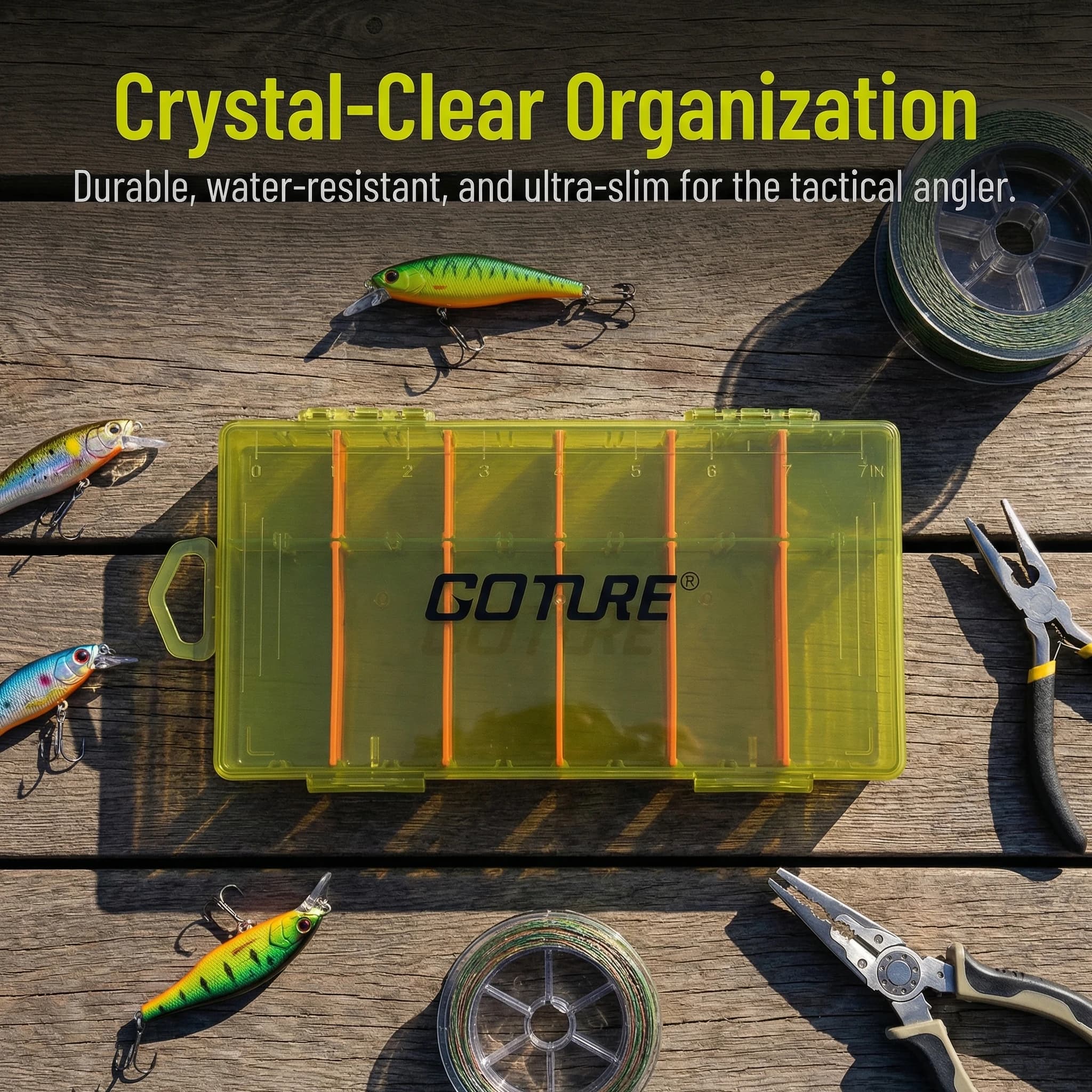 Goture Scatola per Attrezzatura da Pesca Impermeabile 230*116.5*17mm, Divisori Regolabili, Contenitore Trasparente per Esche, Organizer in Plastica Resistente