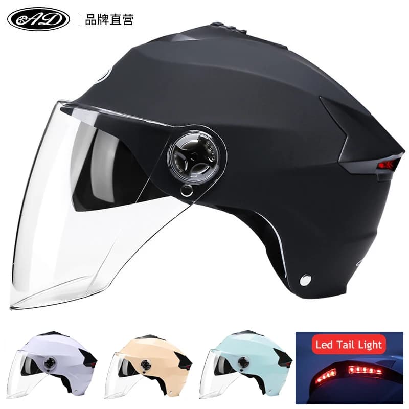 Caschi da moto AD per uomo Doppia lente Bicicletta Veicolo Scooter Mezzo casco Ciclismo LED leggero Berretto di sicurezza per bici da moto