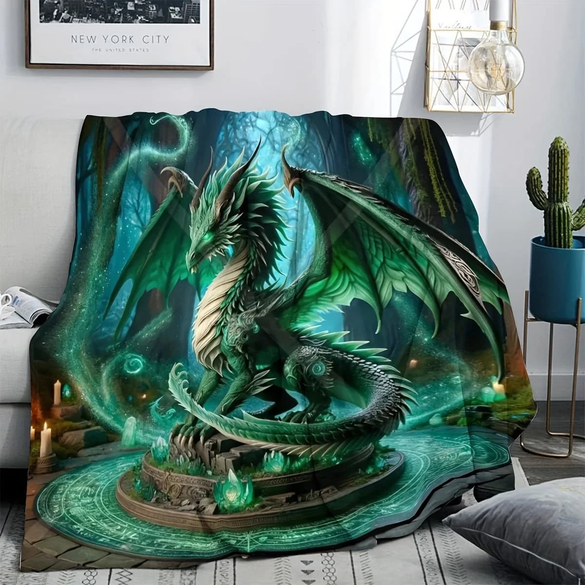 Dragon Pattern Flannel Shawl Blanket – Multi-Functional, All-Season Comfort – Soft Throw for Home, Travel, Outdoor