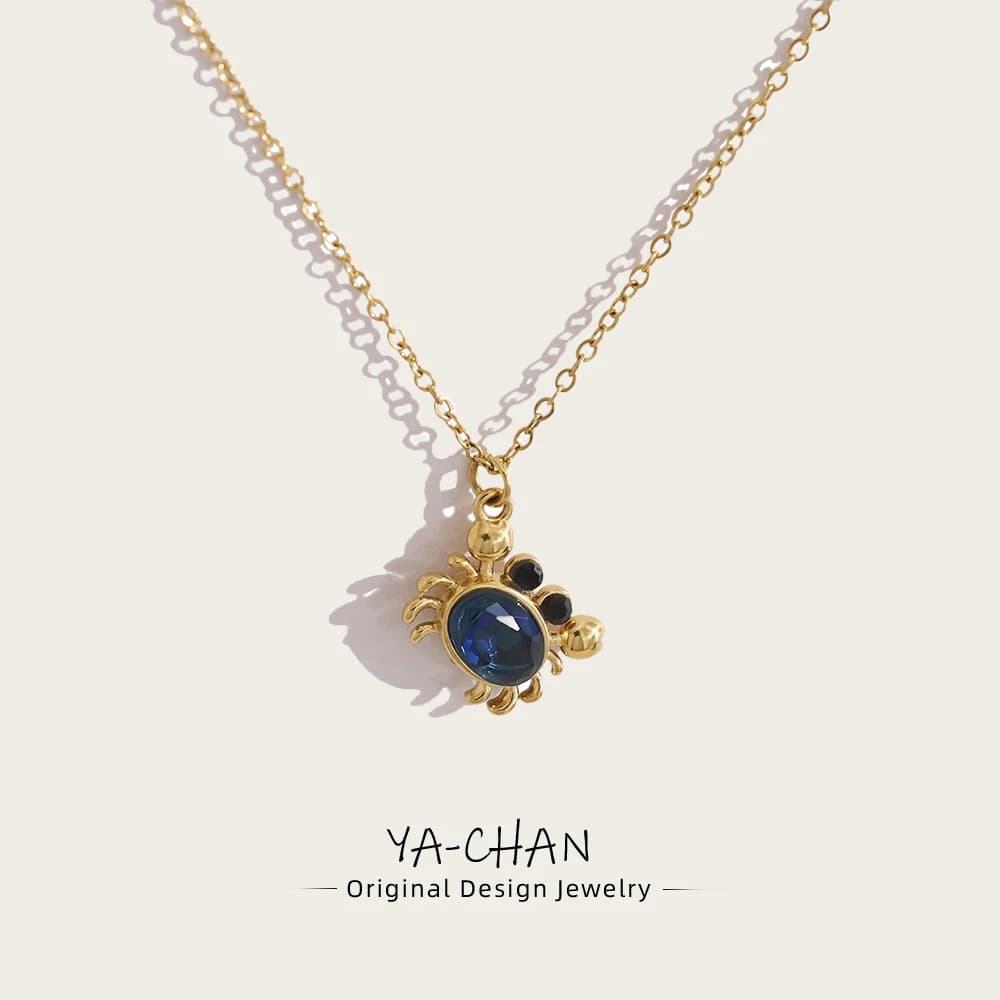 YACHAN 18K Gold Plated Stainless Steel Cute Crab Pendant Necklace for Women Blue CZ Ocean Animal Jewelry Waterproof