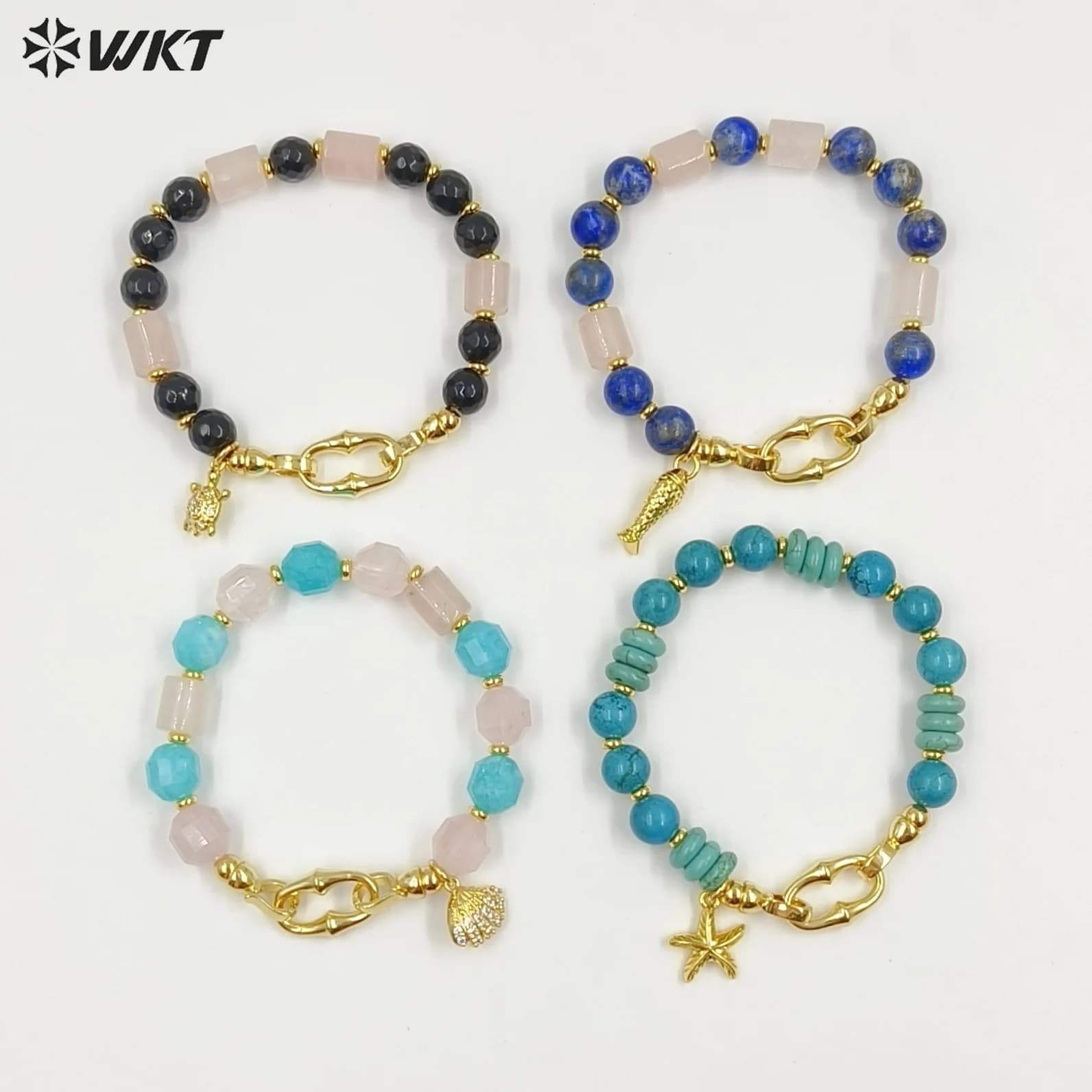WT-B711 Braccialetti da donna alla moda con perline di pietre preziose naturali placcate in oro e ciondoli a forma di piccole conchiglie e pesciolini, per gioielli decorativi da indossare tutti i giorni.