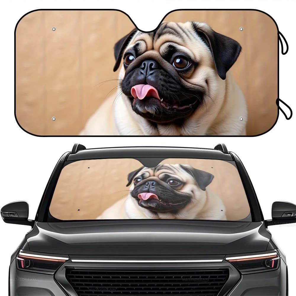 1 pezzo 57" X 27,5" Pug Expressive Photo Design RV Parabrezza Parasole - Protezione UV e riduzione del calore, adatto con 4 ventose libere Cu