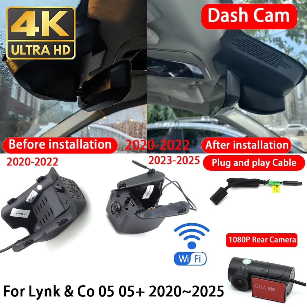 for Lynk & Co 05 05+ 2020~2025 4K 2160P Dash Cam Front Rear Car Camera DVR Wifi Plug & Play Video Recorder Loop Recording