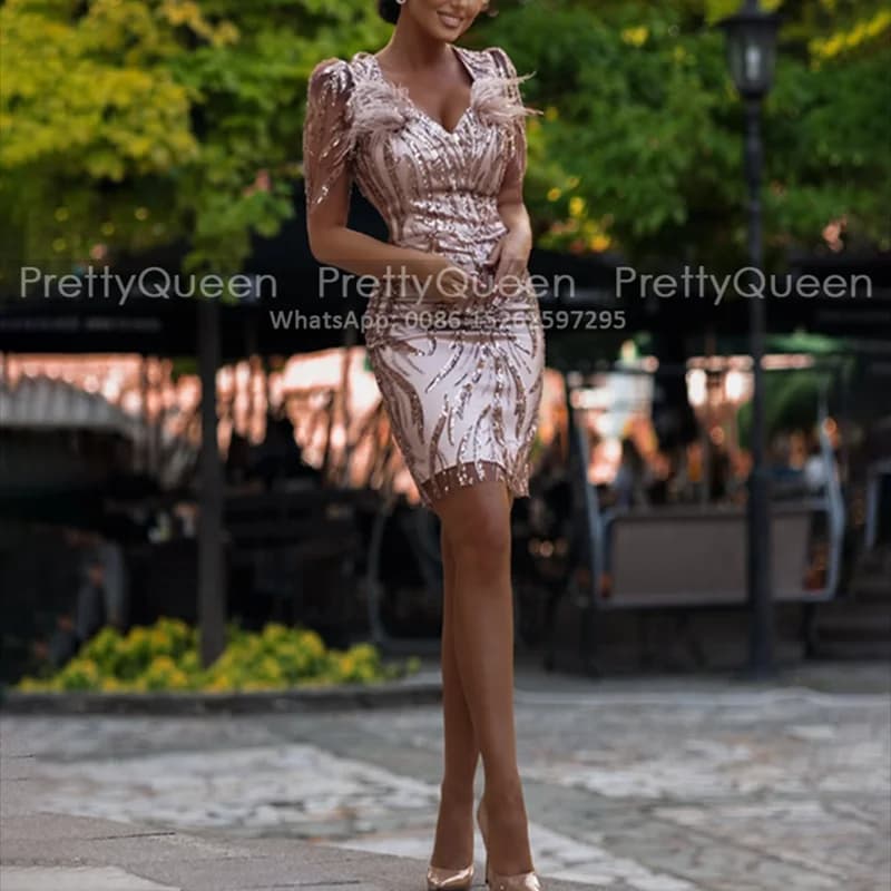 Bling Sequined Sheath Evening Dress V Neck Short Sleeves Feather Customized Short Party Prom Dresses For Women