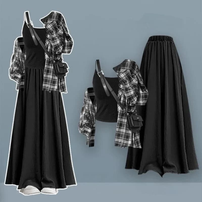 Women's Spring Autumn Loose Plaid Shirts Sling Shorts Skirts Three Piece Set Lady Fashion Black Blouse Vest Pants Outfits 2026