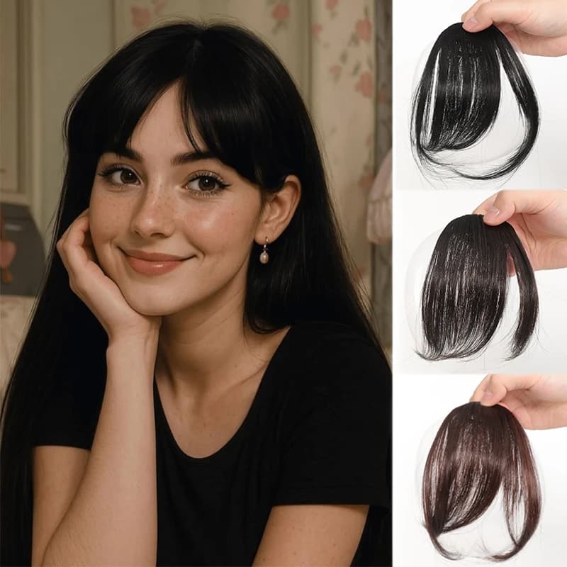 Parrucca con frangia diagonale elegante in stile clip per donna, frangia laterale soffice in capelli sintetici lisci resistenti alle alte temperature