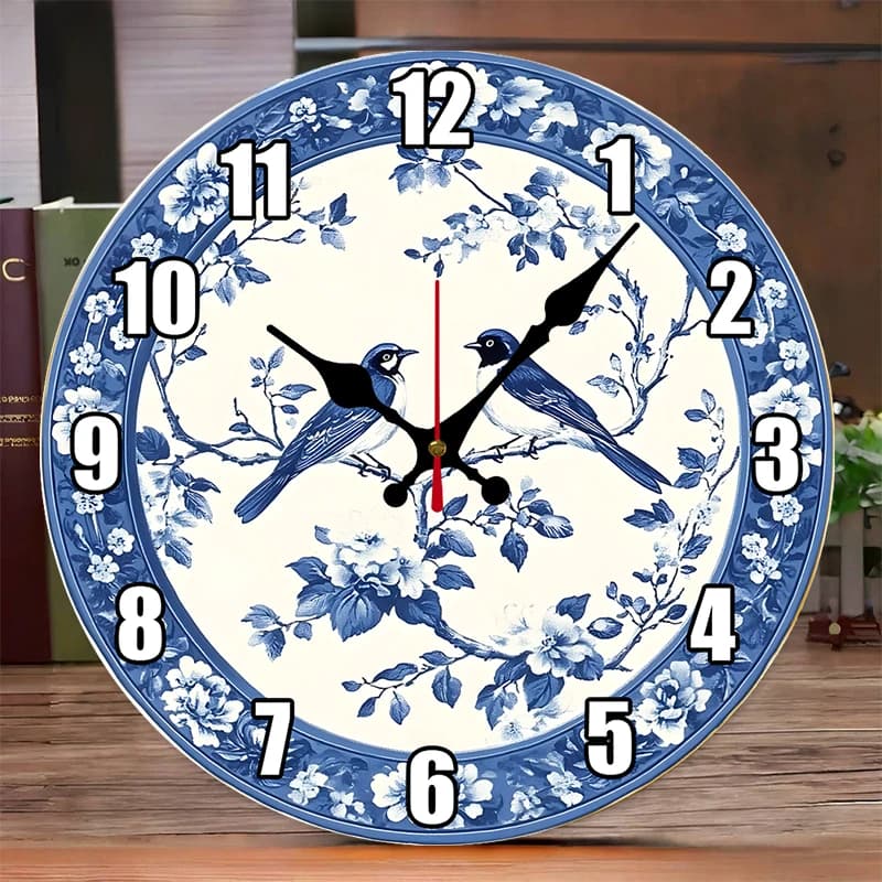 Silent wall clock in floral wood with blue birds, suitable for living room, office, study room, bedroom, home decoration
