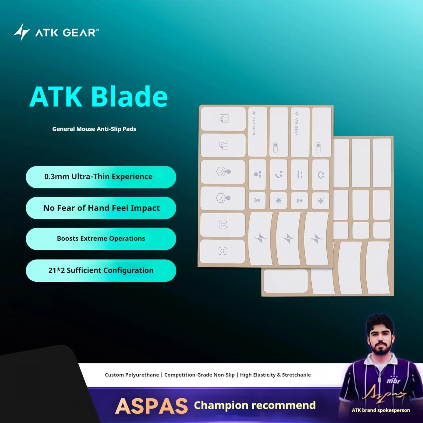 ATK GEAR Mouse Grip Tape Universal 0.3Mm Ultra Thin Polyurethane Sweat Absorbent High Elastic Stretchable For Esports Gaming