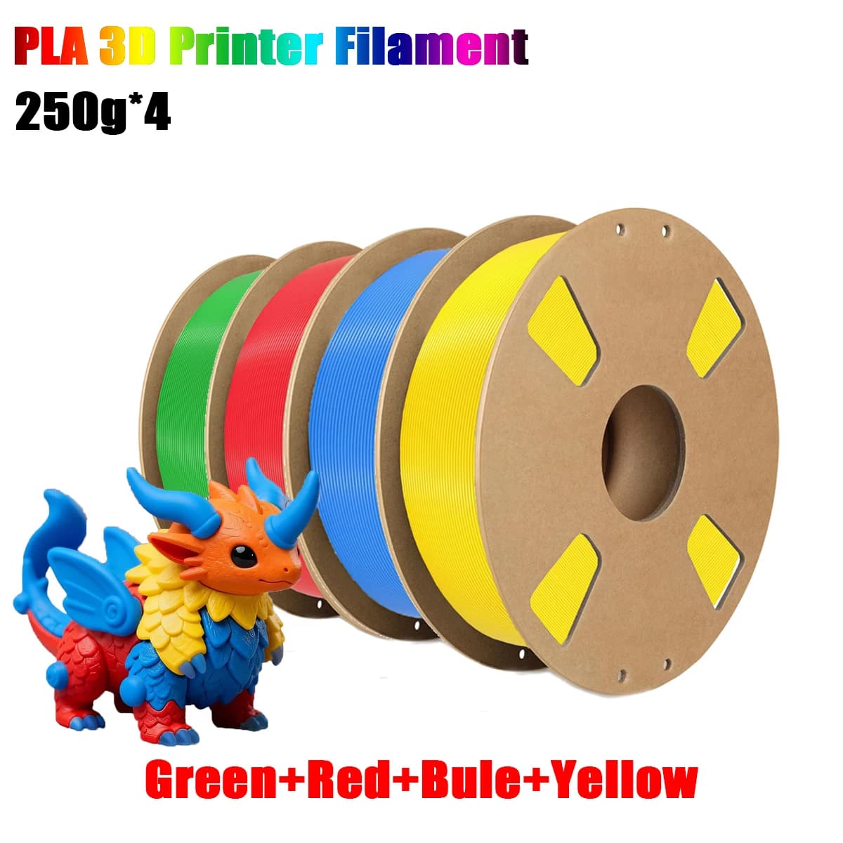 Filamento PLA+ da 1,75 mm, Avvolgimento Preciso, Precisione ±0,02 mm, Compatibile con la Maggior Parte delle Stampanti FDM, Bobina da 250g, Disponibile in Blu/Verde/Rosso/Giallo