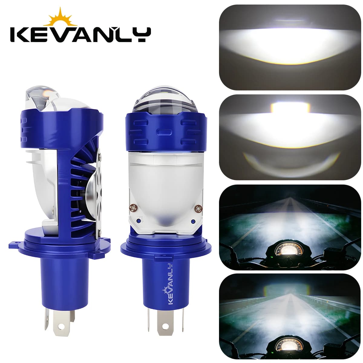 1PC H4 LED Mini Proiettore con Lente, Faro a Doppia Luce (Abbagliante e Anabbagliante) Bicolore, Guscio Blu, Luce di Marcia Diurna (DRL) Rossa e Blu con Ventola Turbo