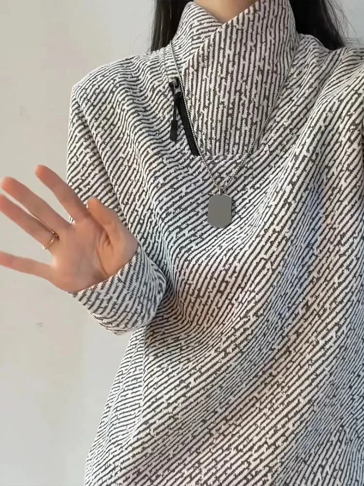 Felpa con Cappuccio Lunga con Zip, Comoda, Foderata in Pile, Collo Alto, Autunno Inverno, Alla Moda, a Righe, Strato Base