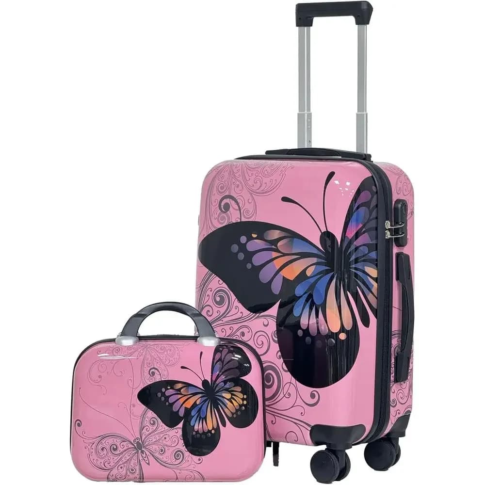 Pink 2-Piece Luggage Set: 20 Spinner Carry-On & 14 Handbag with ABS+PC Hard Shell and Combination Lock
