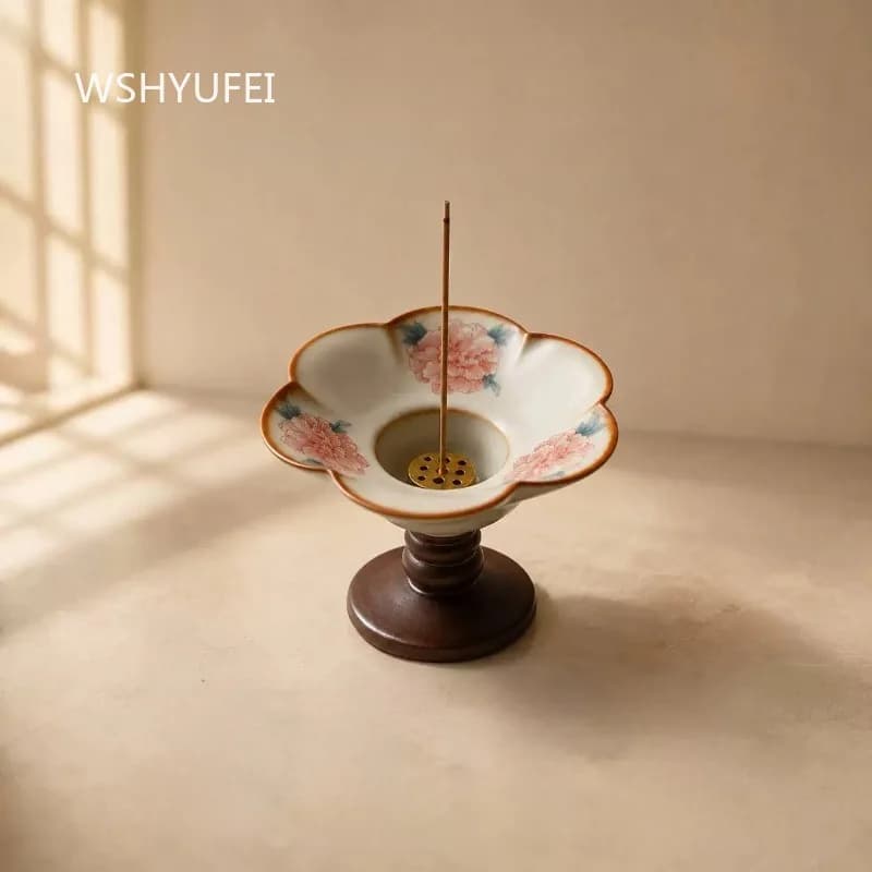 Ceramic Lotus Incense Burner with Wooden Stand Floral Pattern Incense Holder Multi-Hole Copper Insert for Sticks Home Decor