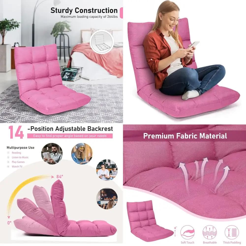 Sedia da Gaming Rosa Imbottita con Spugna Resiliente, Telaio in Acciaio Legato e Supporto Lombare per Lettura e Meditazione