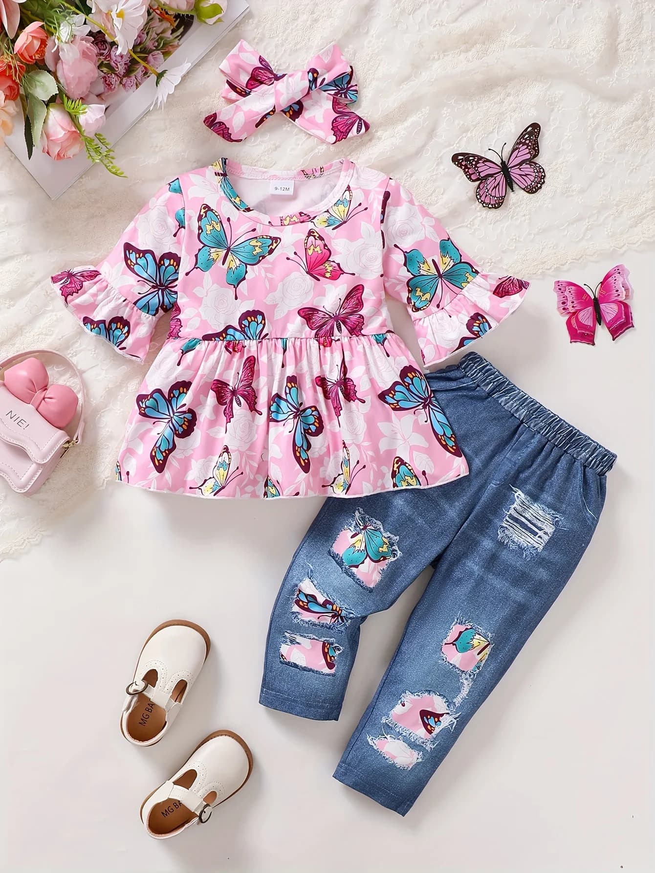 Completi invernali per bambina da bambino, top a farfalla carino e set di jeans Completi carini per bambini