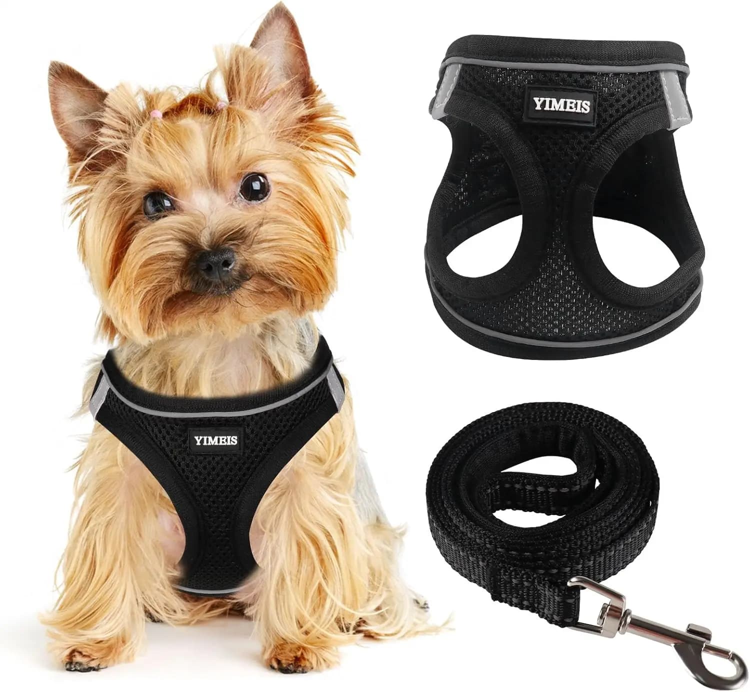 Imbracatura leggera per cani con griglia riflettente e guinzaglio anti-torsione, multicolore XS-Nero