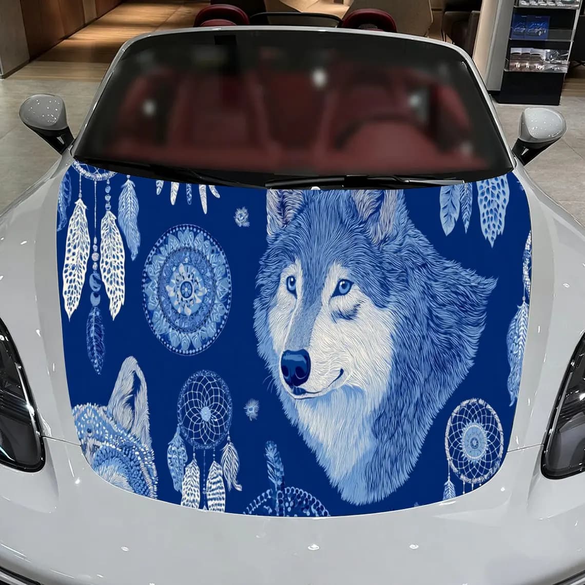 Car Decal Wolf with Blue Dreamcatcher Ethnic Artistic Background & Mystic-Ethnic-Gothic Aesthetic Car Hood Sticker, Waterproof S
