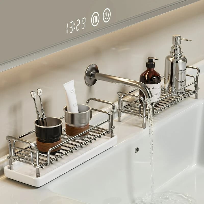 304 Stainless Steel Bathroom Shelf Tray Organizer for Toothbrush Cup Holder Soap Shampoo Bottle Toiletry Drain Rack No Drill Set