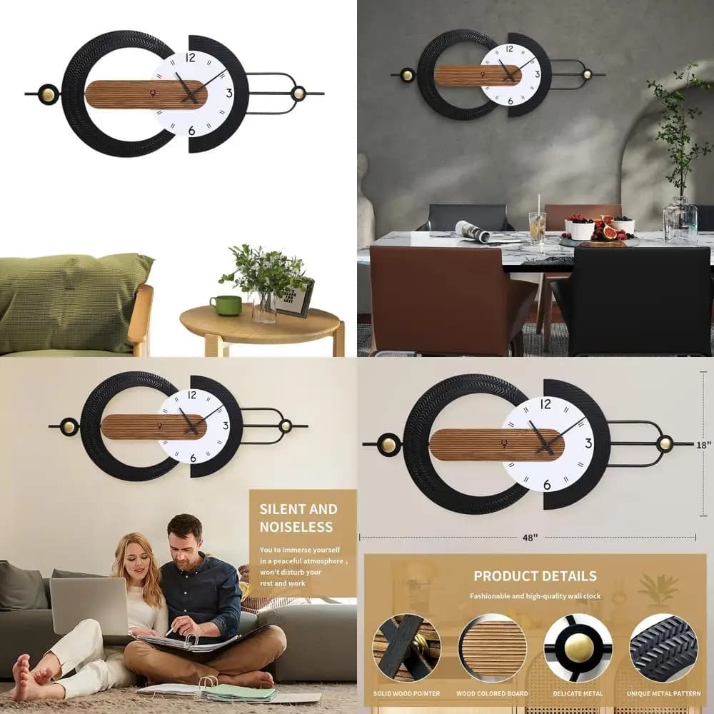 Large Wall Clock Silent Battery, Design Geometric Black Metal and Wood, Ideal for Living or Office